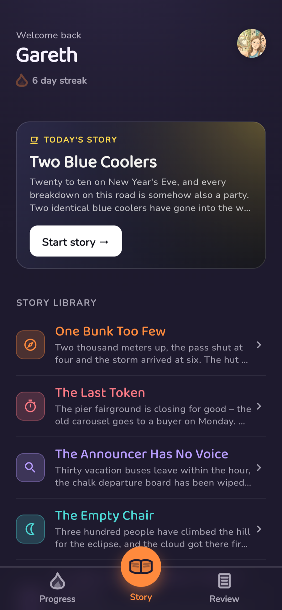 The Kikase story home screen in dark mode.