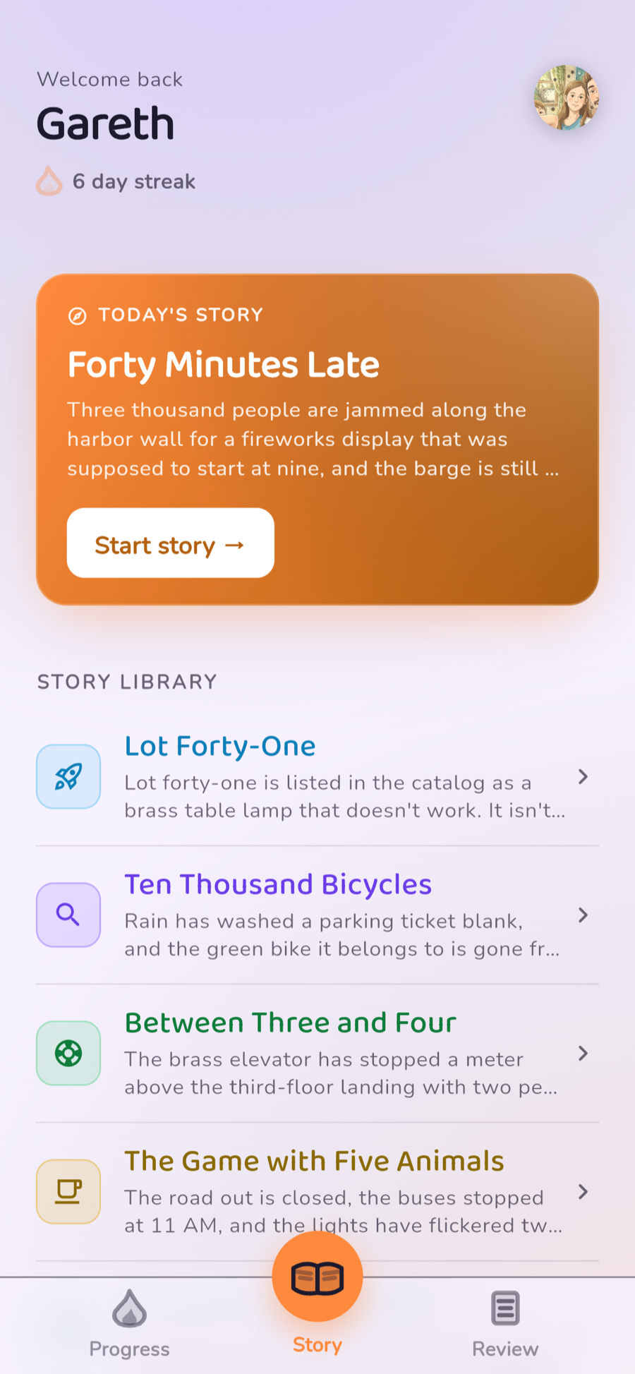 The Kikase story home screen: today's story, a streak counter, and the story library beneath it.