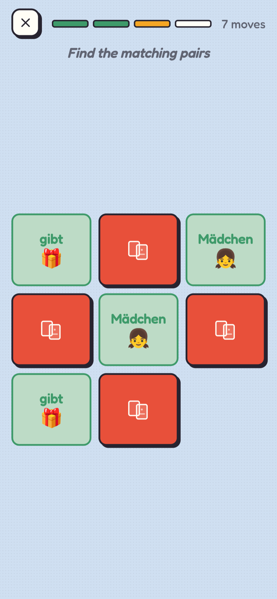 Find the pair: a memory-match game pairing a word with its picture.