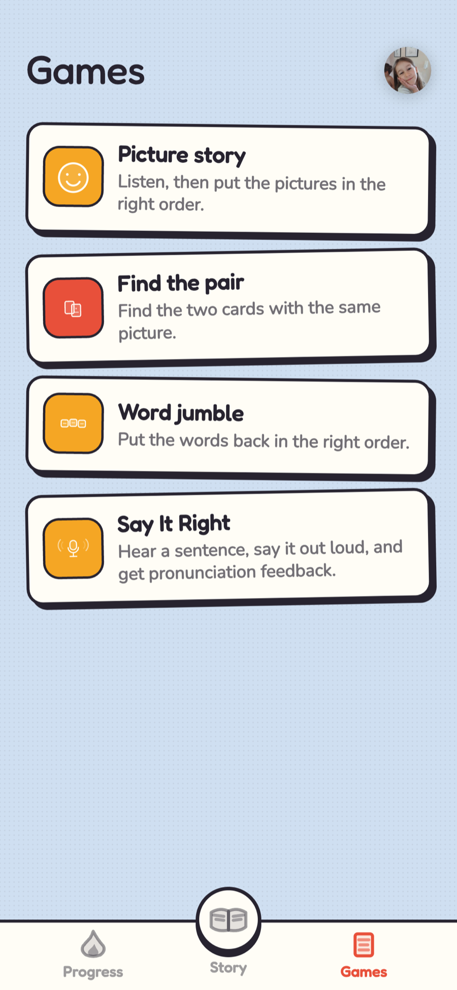 Kids mode games list: Picture story, Find the pair, Word jumble, Say It Right.