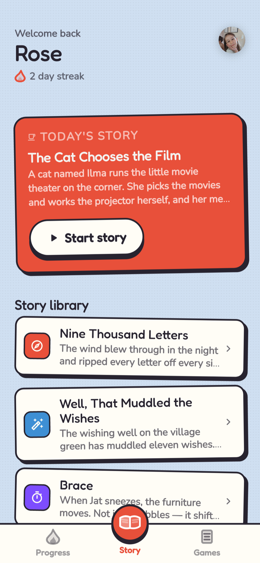 Kids mode story home, in the cut-paper theme, with today's story and the story library.