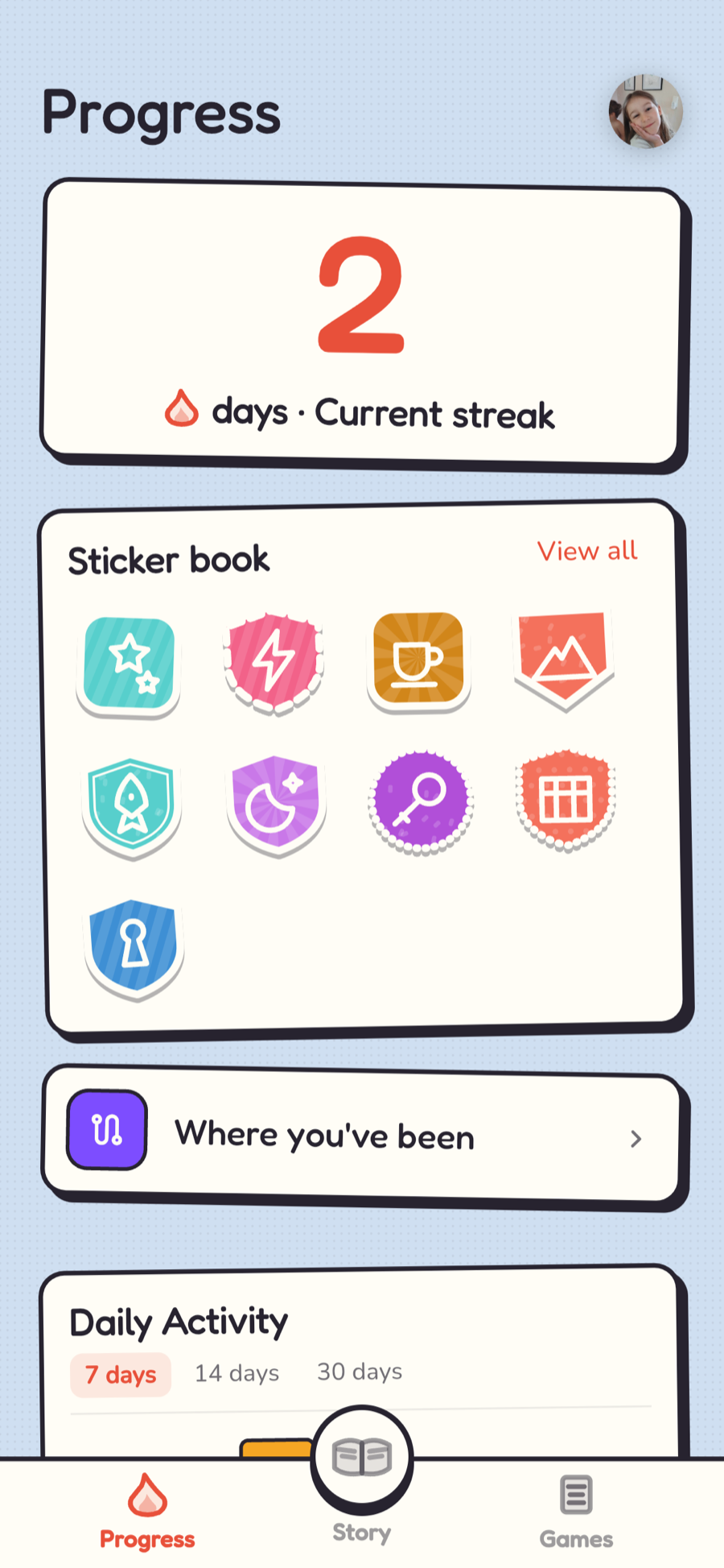 Kids mode progress tab: streak, a sticker book preview, and a link to Where you've been.