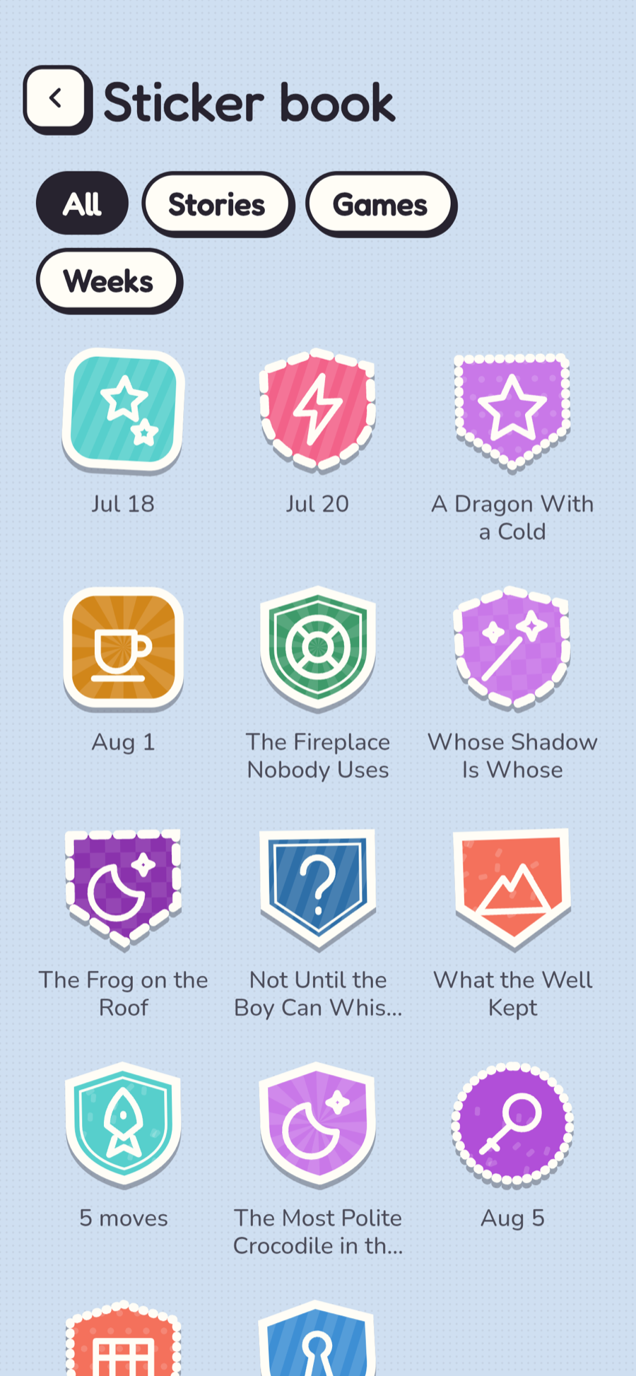 The sticker book: a grid of badge-shaped stickers, one per story or milestone.