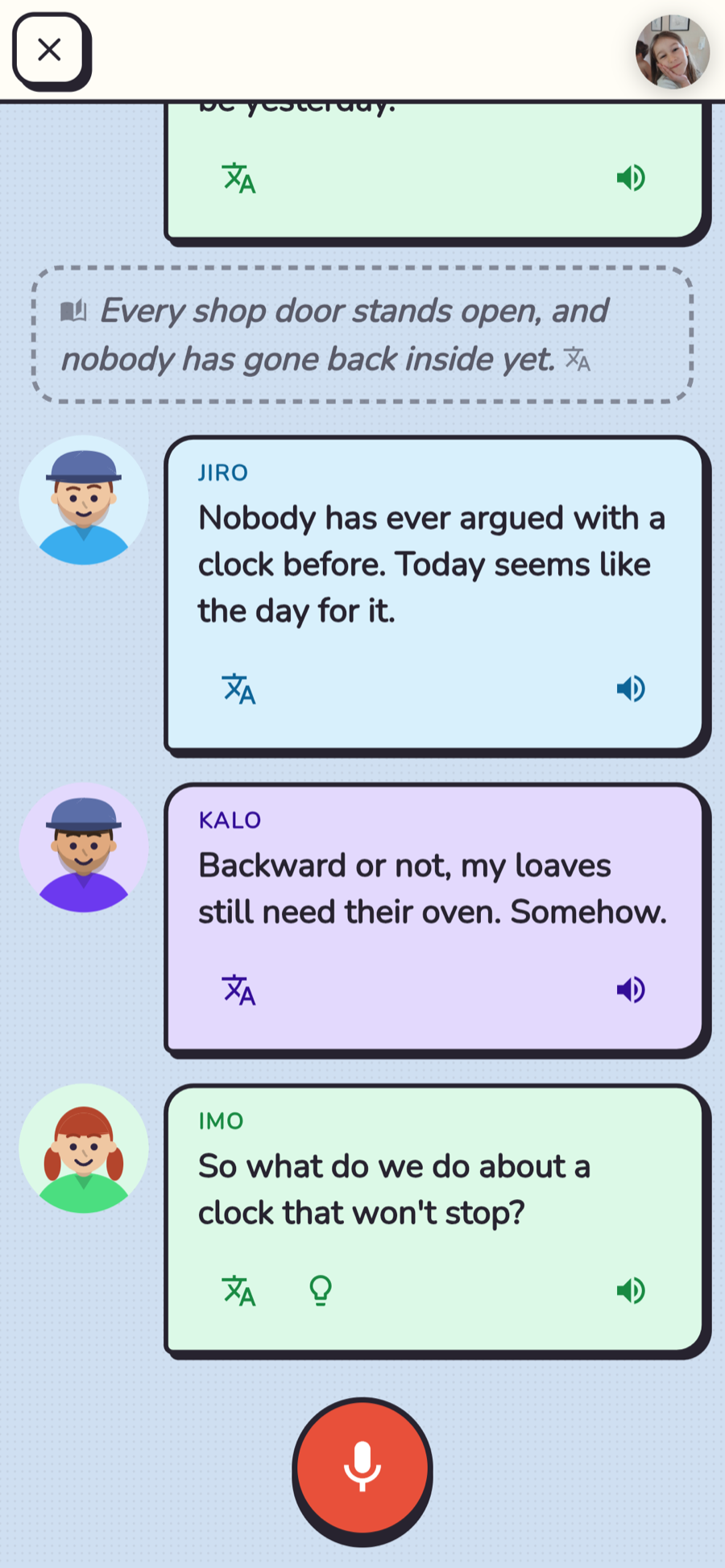 A kids-mode story conversation, in the cut-paper theme, with the cast talking.