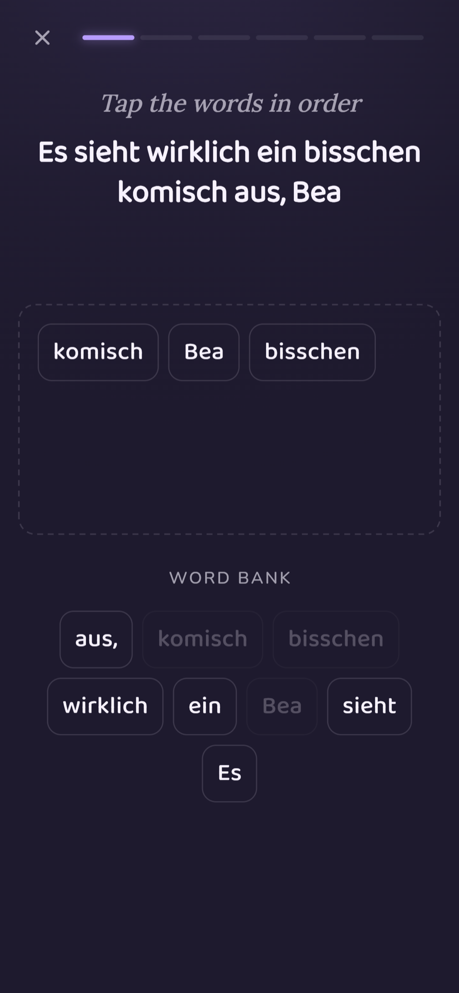 Sentence Scramble in dark mode.