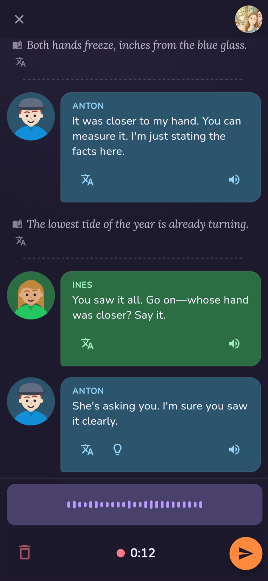 The same story conversation in dark mode.