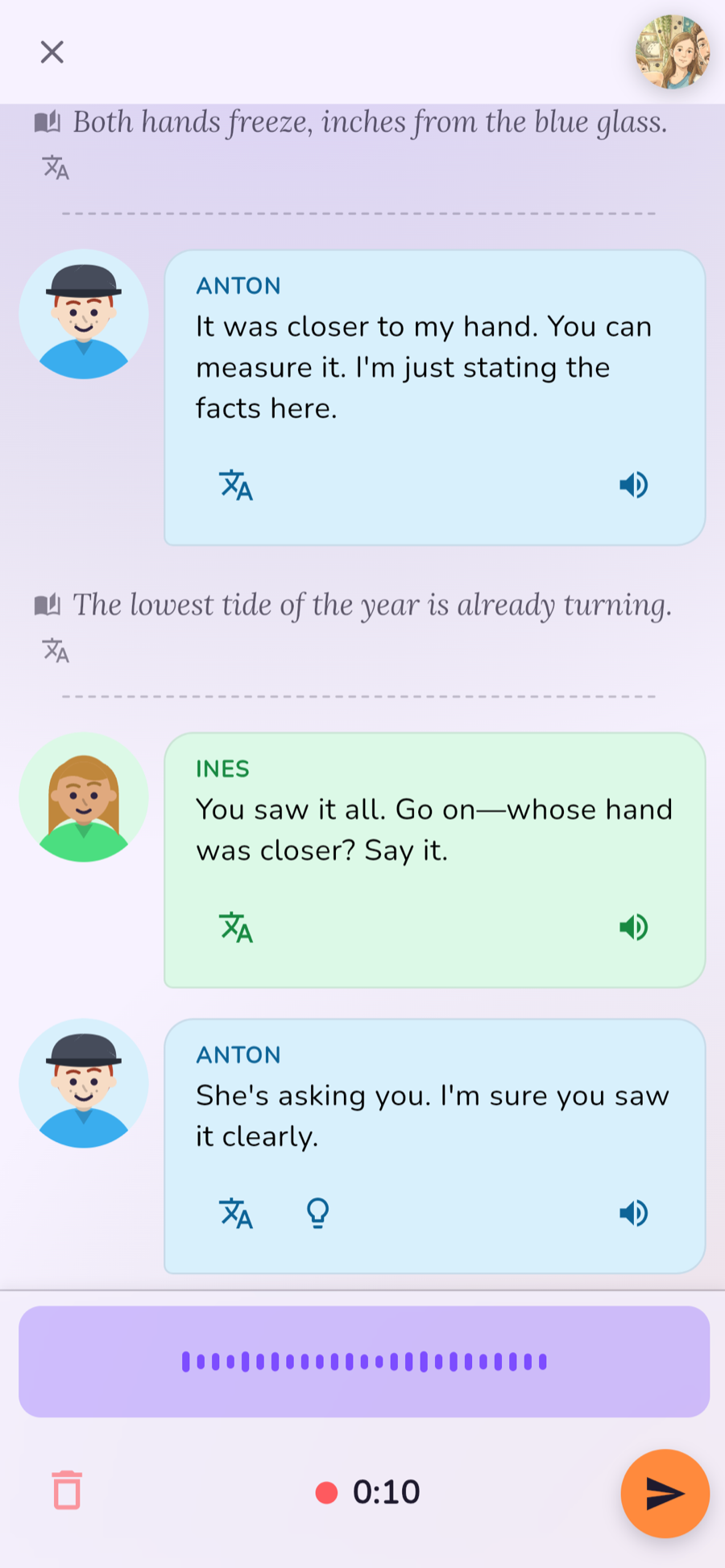 A story conversation: the cast talking, with translate and replay controls on each line.
